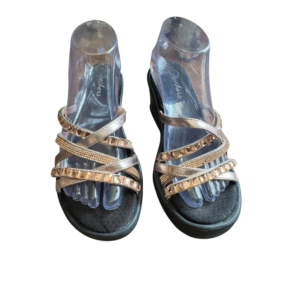 Skechers Wedge Sandals Womens 9 Rose Gold Excellent Rhinestone Strappy Slide